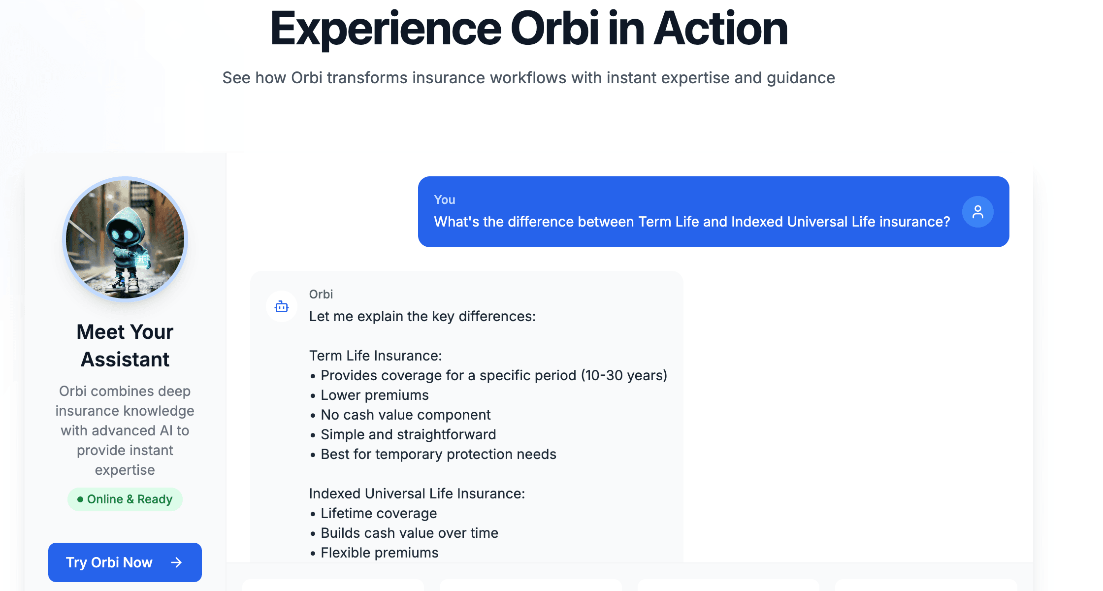 Orbix.ai Insurance AI Assistant: live chat interface