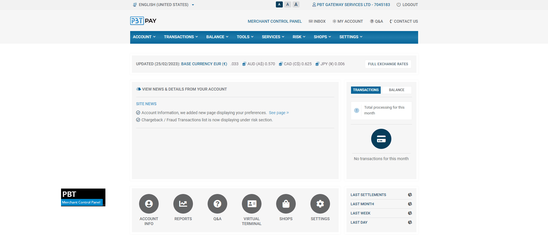 PBT Gateway: merchant control panel & payment processing